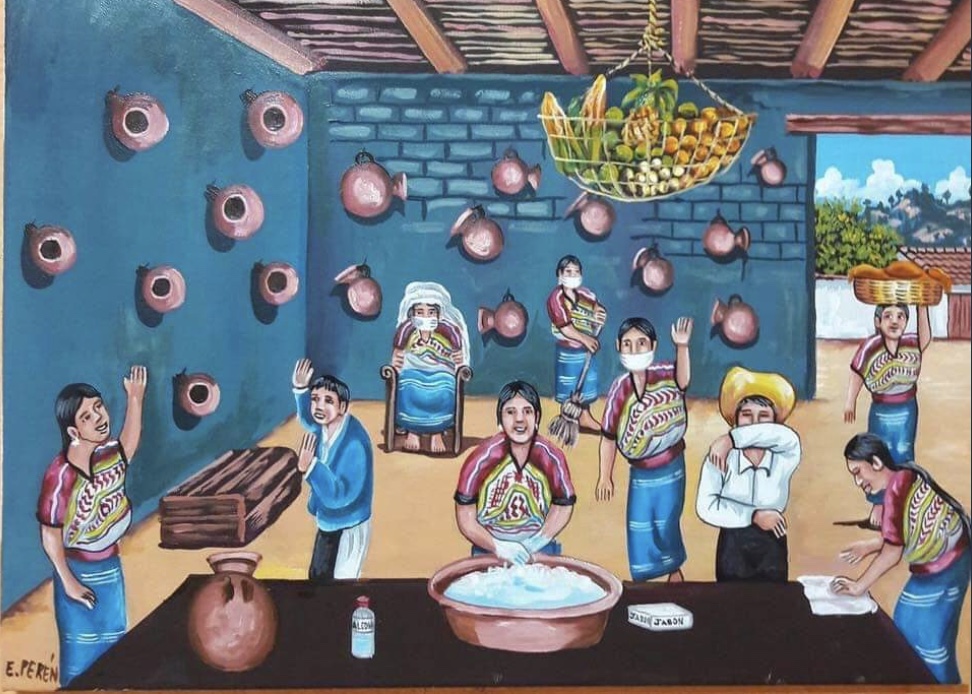 Målning av Edgar Perén visar rekommendationer för prevention av coronaviruset: Tvätta händerna, nys i armvecket, osv. Edgar Perén har målat utifrån mayakulturens sedvänjor och livsstil, med kvinnor från den etniska gruppen maya kaqchikel som bär folkdräkt från San Juan Comalapa i Guatemala.
