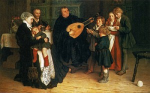 Martin Luther sjunger och spelar med sin familj. Oljemålning av Gusatv Spangenberg ca 1875