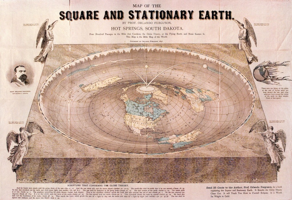 Karta av fyrkantig och stationär jord, signerad prof Orlando Fergusson 1893, bildkälla http://theflatearthsociety.org