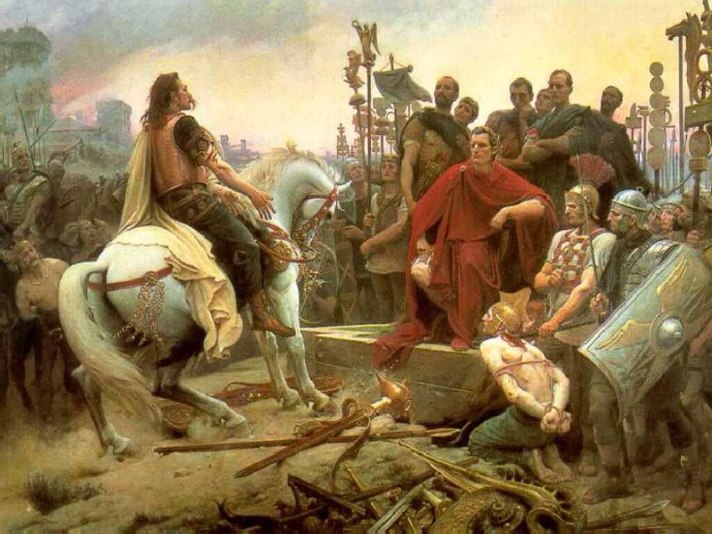 Hövding Vercingetorix tvingas erkänna sig besegrad av Rom.