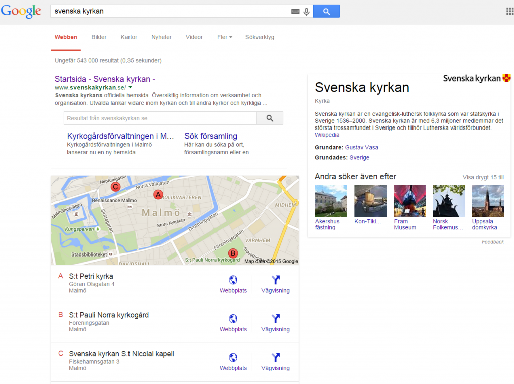 Googles temasida för sökningen svenska kyrkan