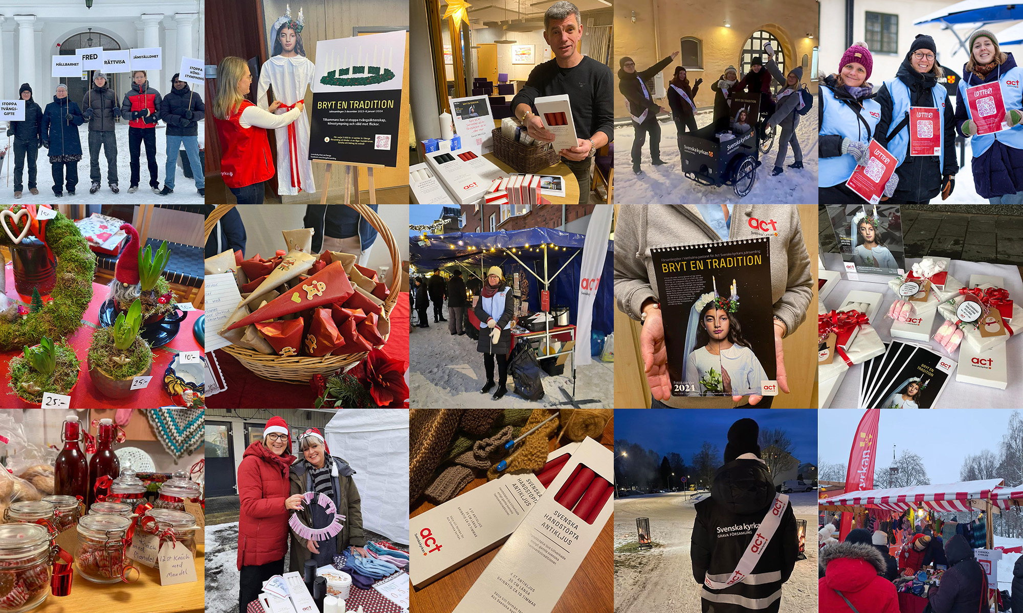 Collage med 15 bilder från insamlingsaktiviteter runt om i landet.