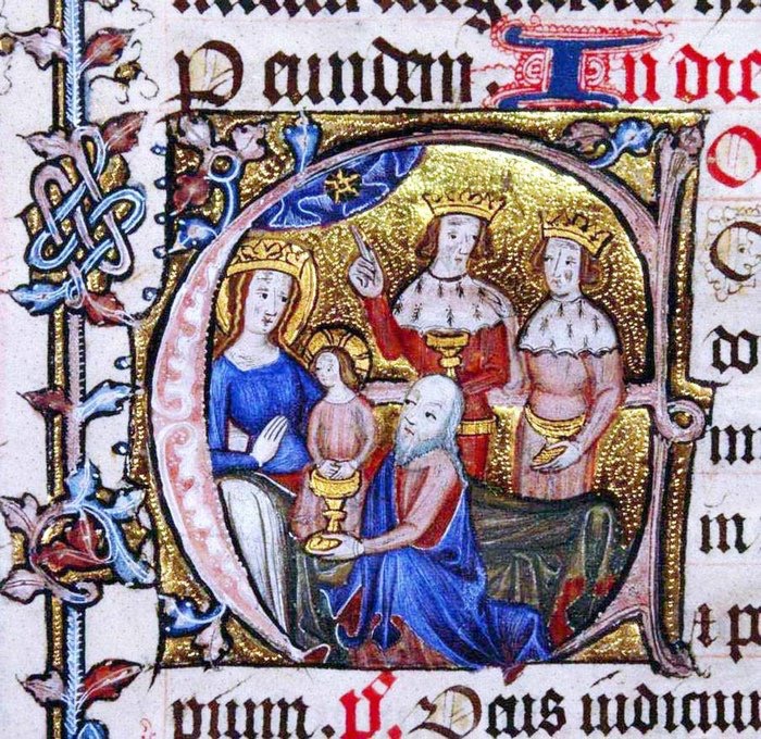 De tre vise männen knäböjer för Jesusbarnet och Maria