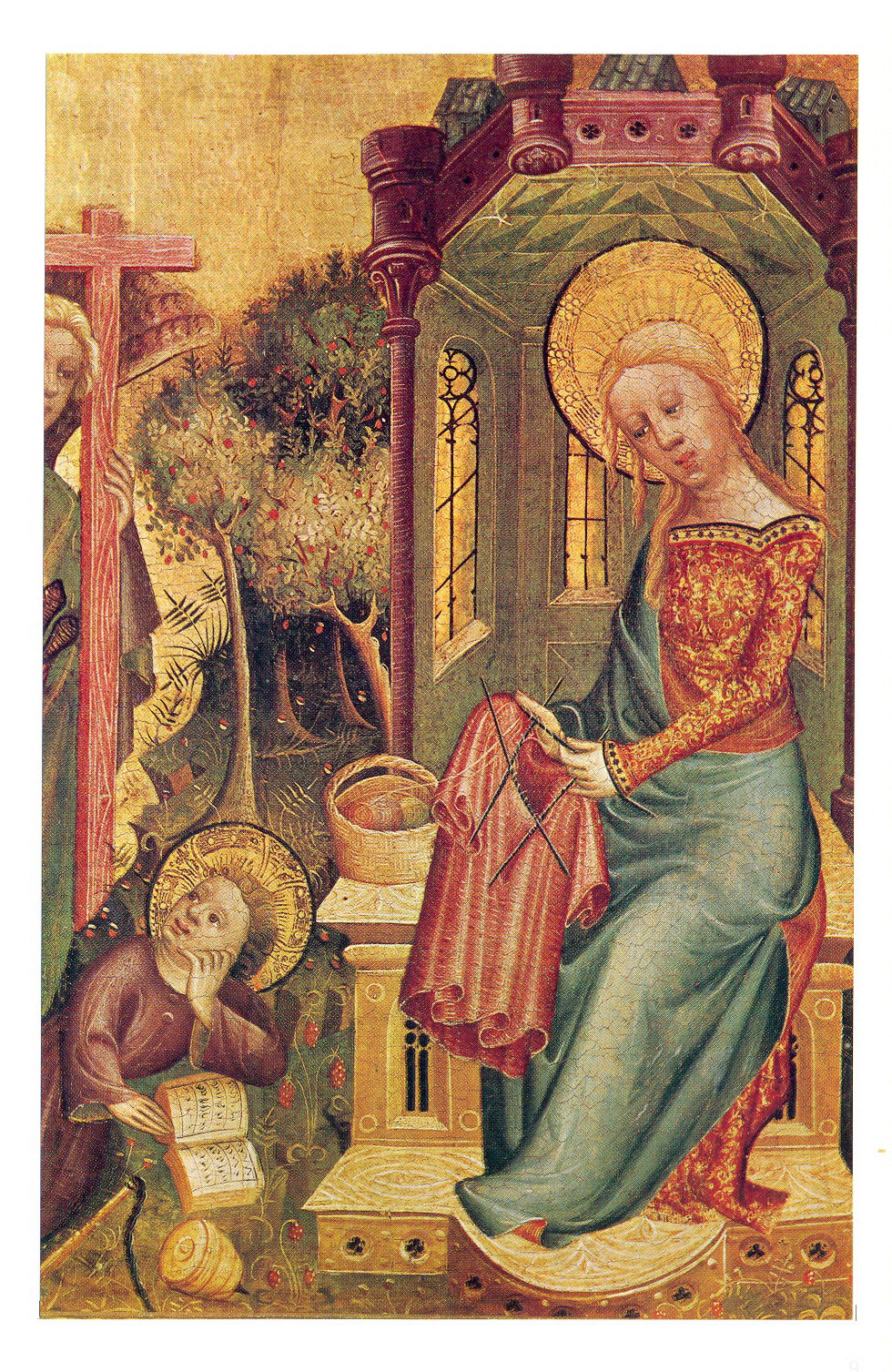 Maria som stickar och Jesusbarn som läser.